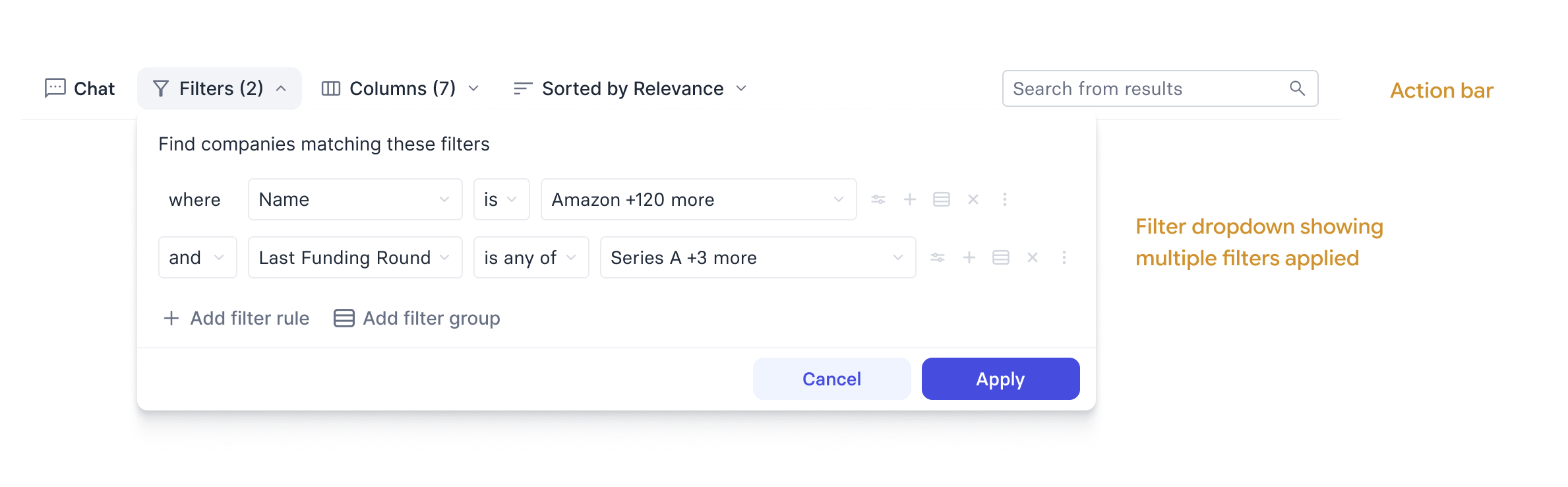 The filters dropdown