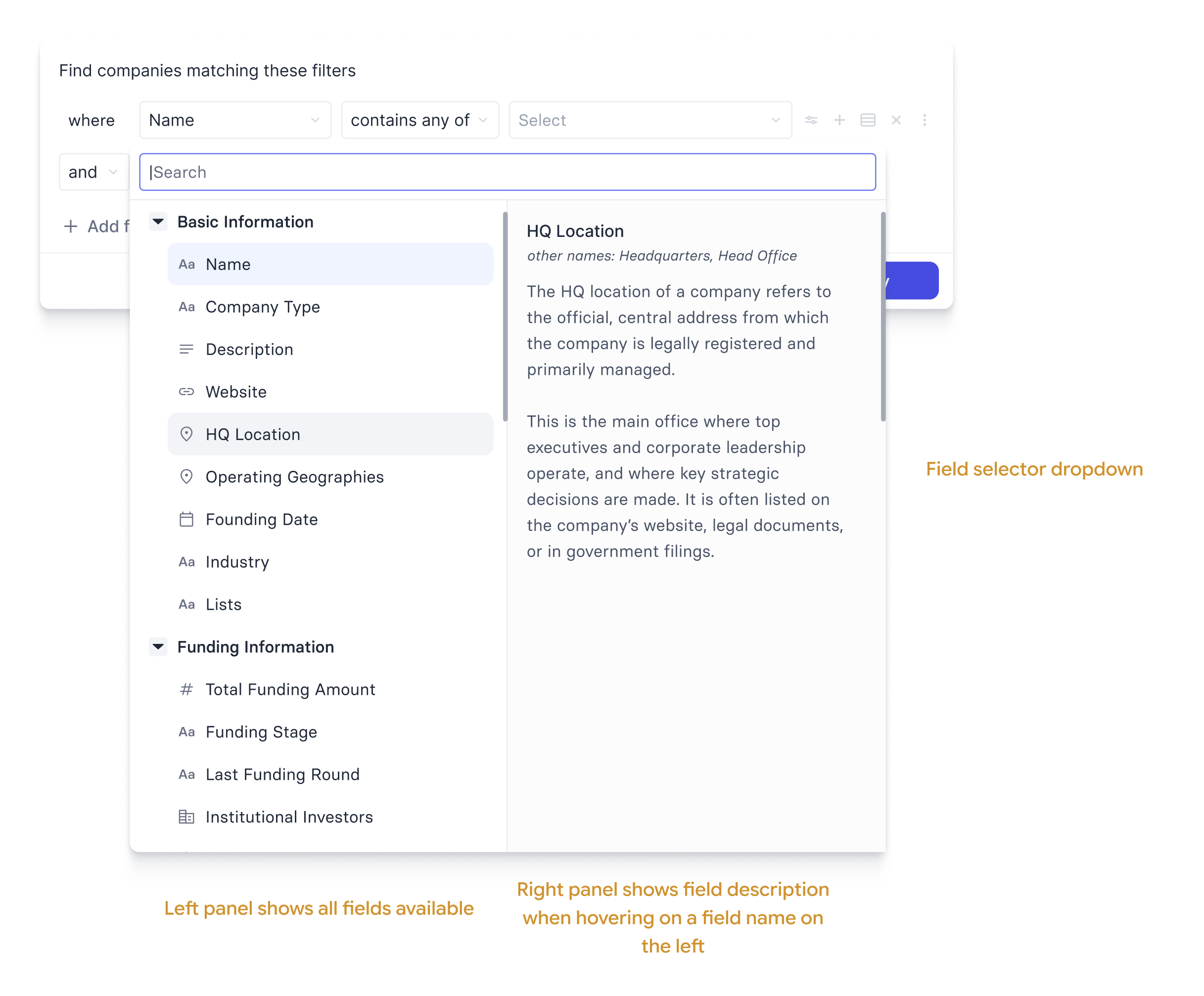 The field selector dropdown