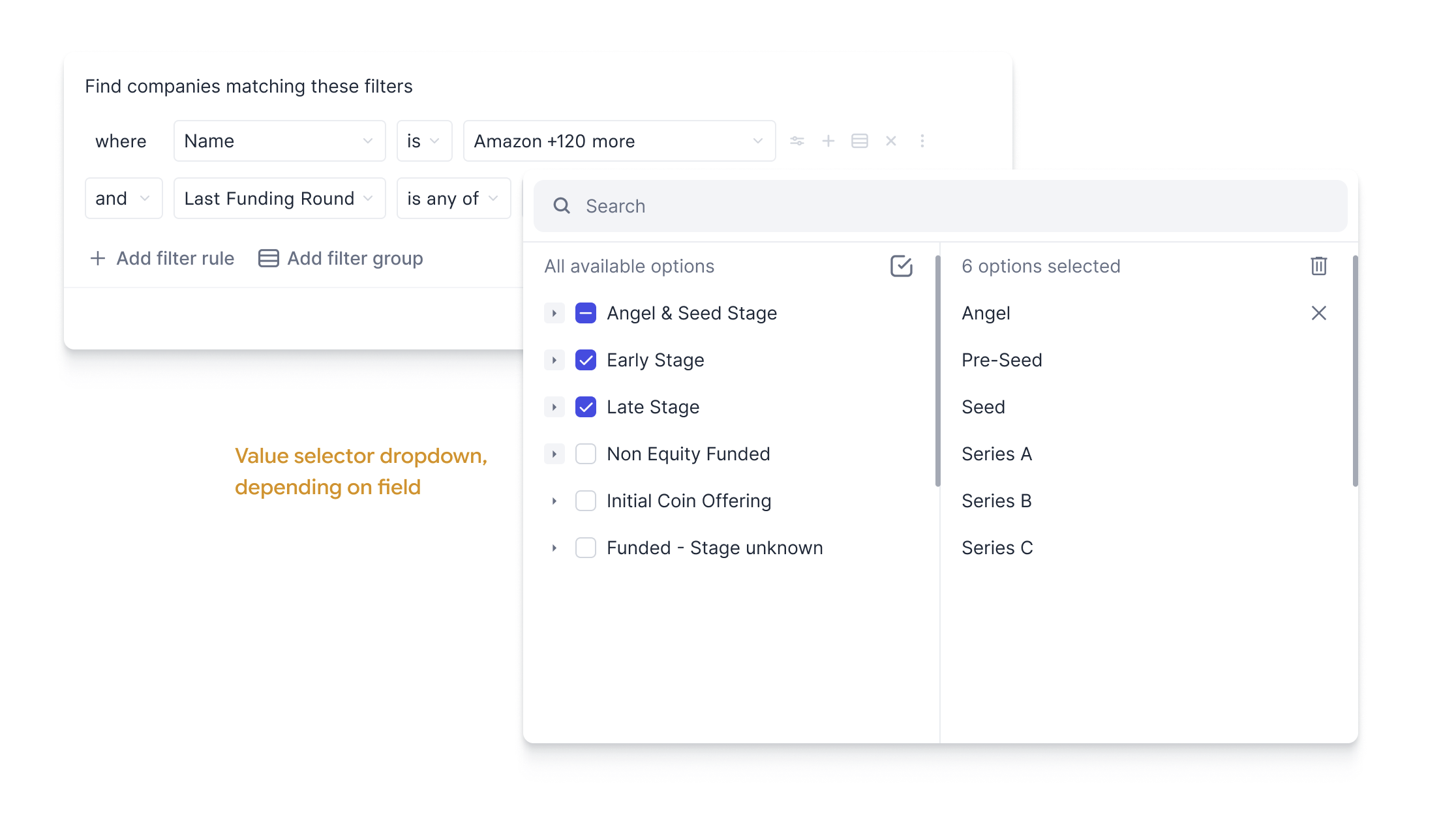 The value selector dropdown