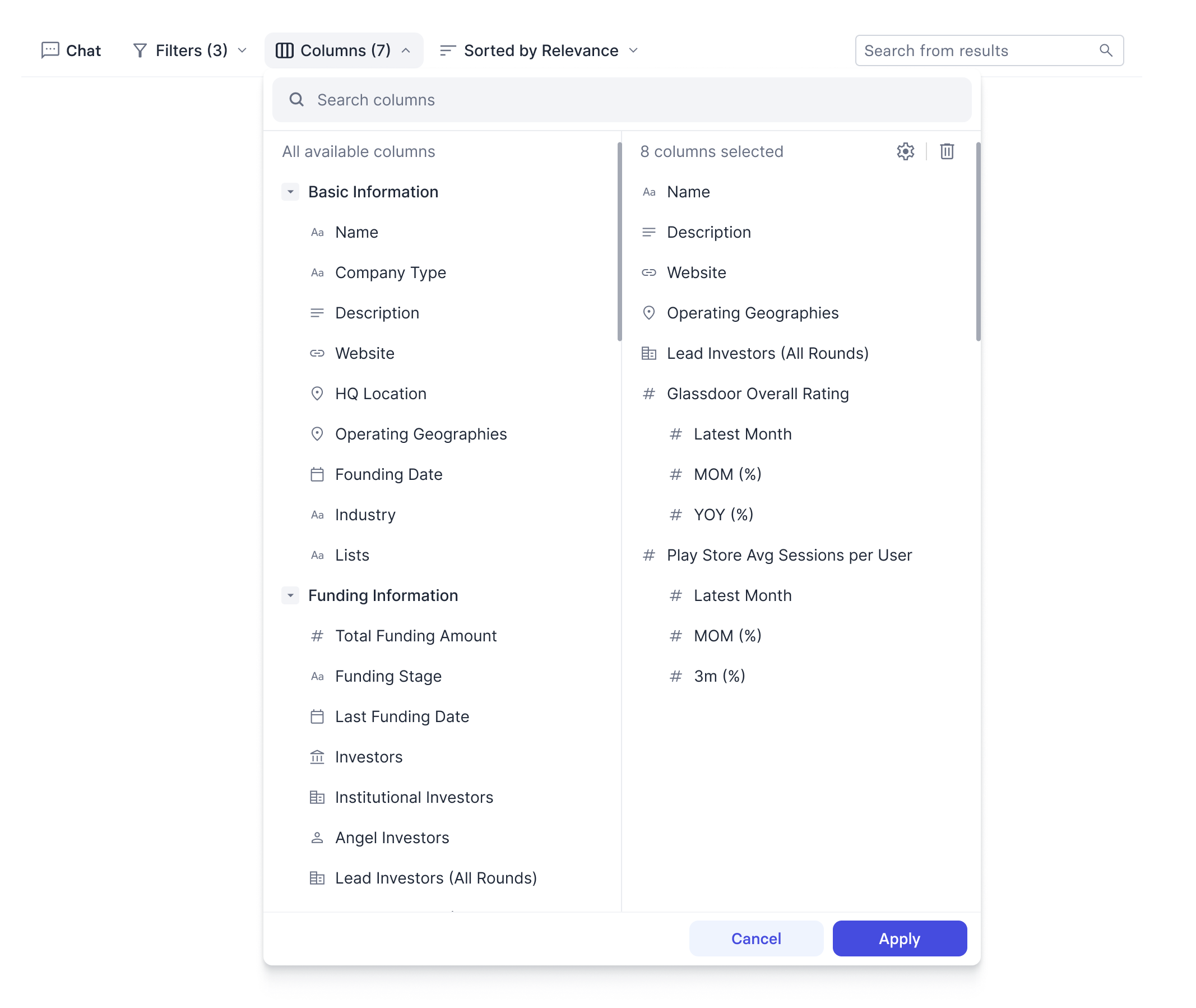 The column selector dropdown