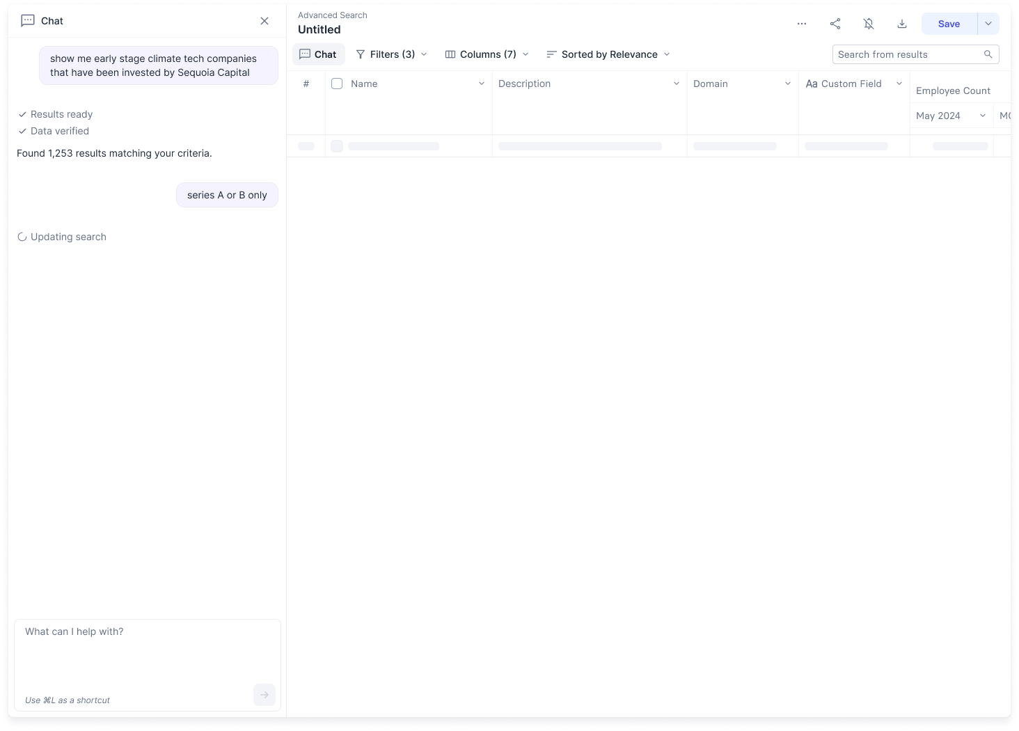 The screener loading state when the chat assistant is working on it