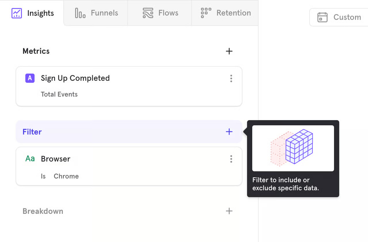 Mixpanel dashboard showing filters and other controls