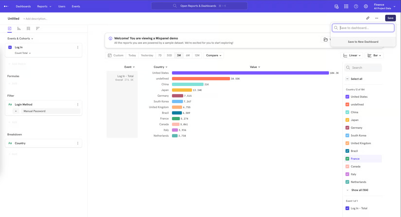 Mixpanel dashboard showing filters and other controls