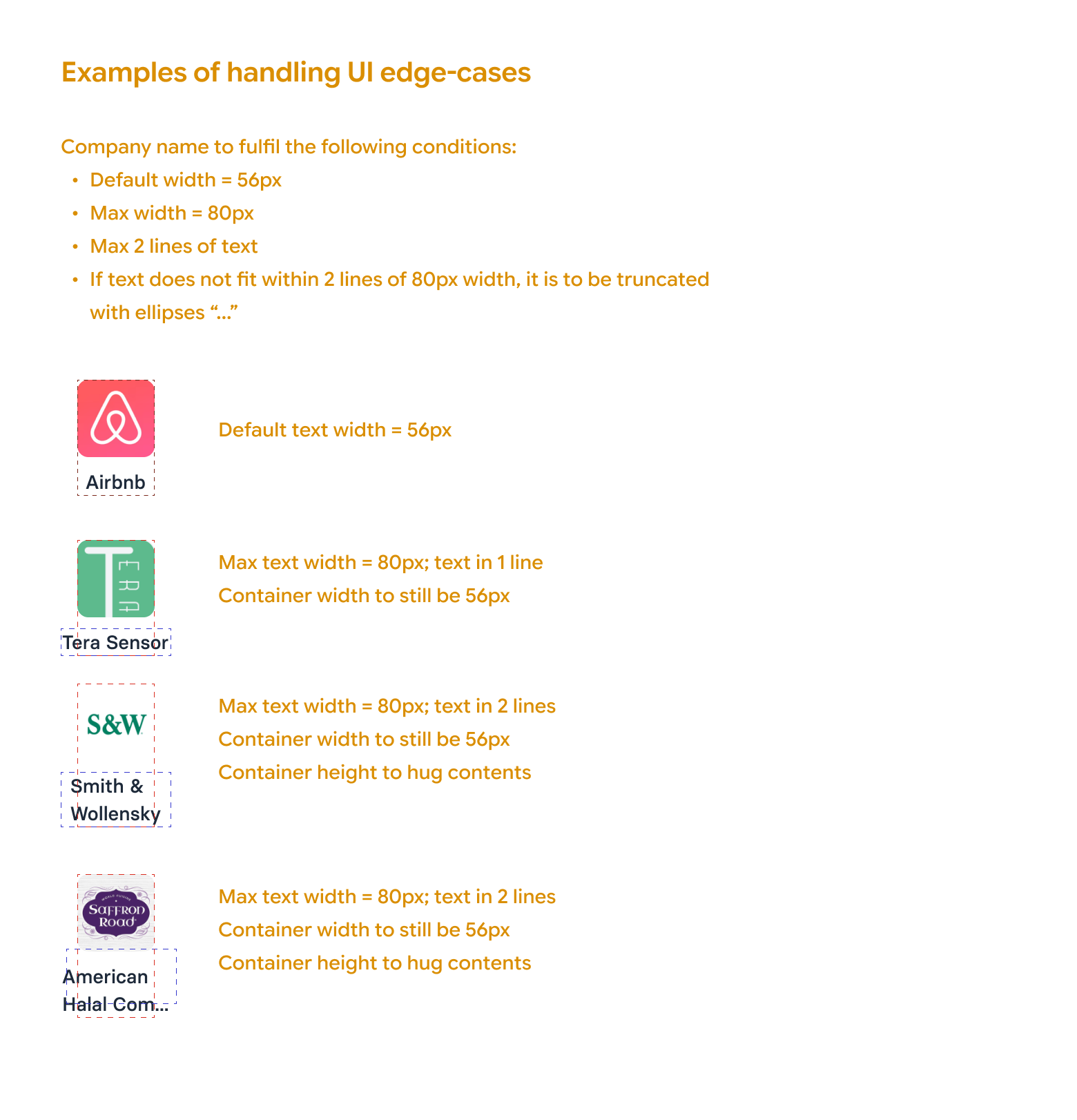 Edge cases for company name labels: width, line count and truncation rules