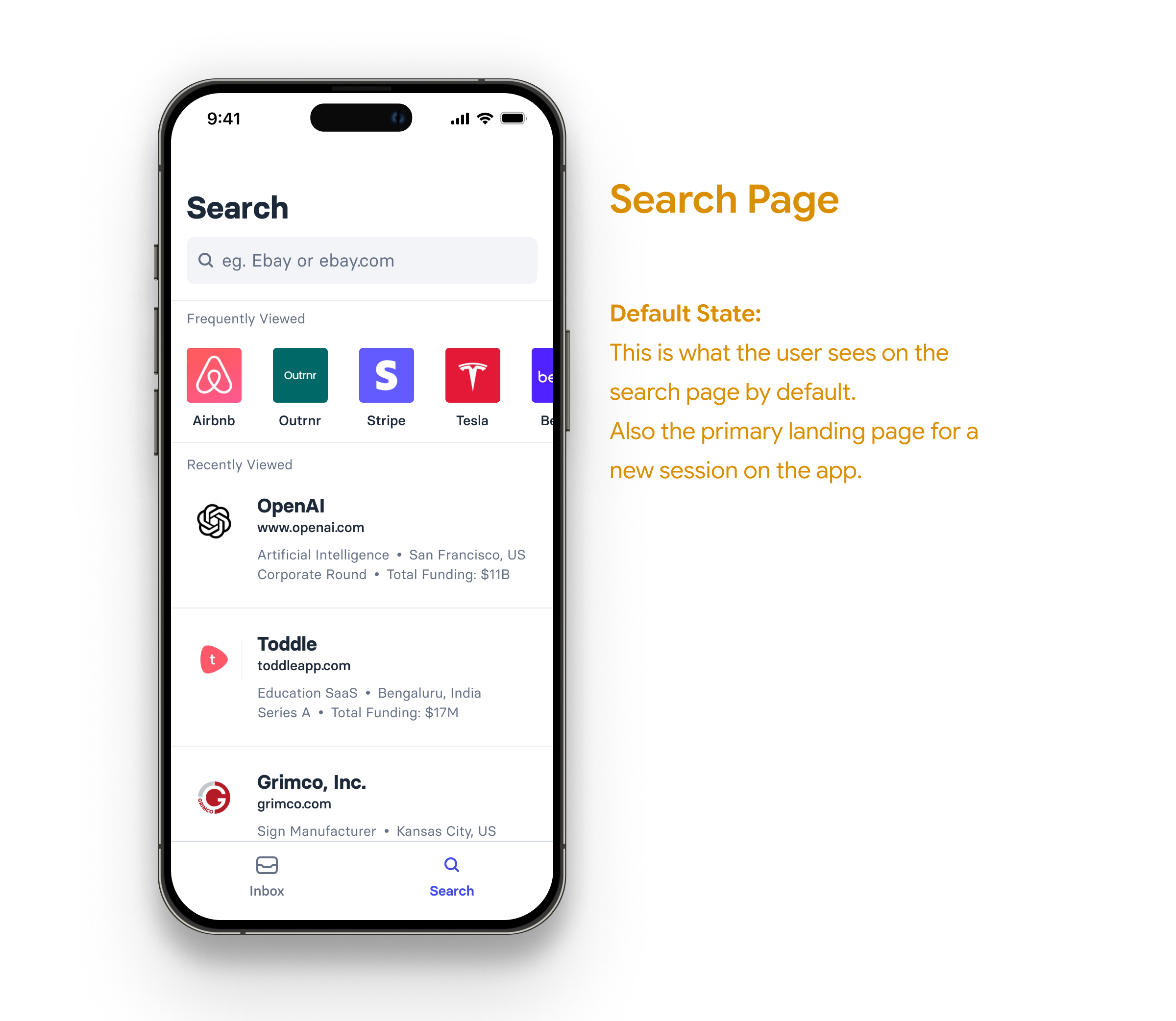 Search page default state with frequently viewed and recently viewed companies