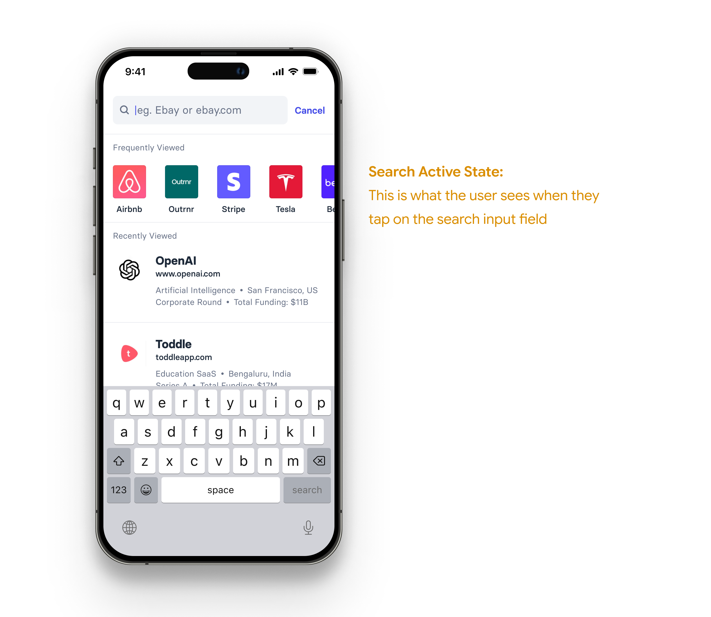 Search active state: input focused with Cancel action and keyboard open