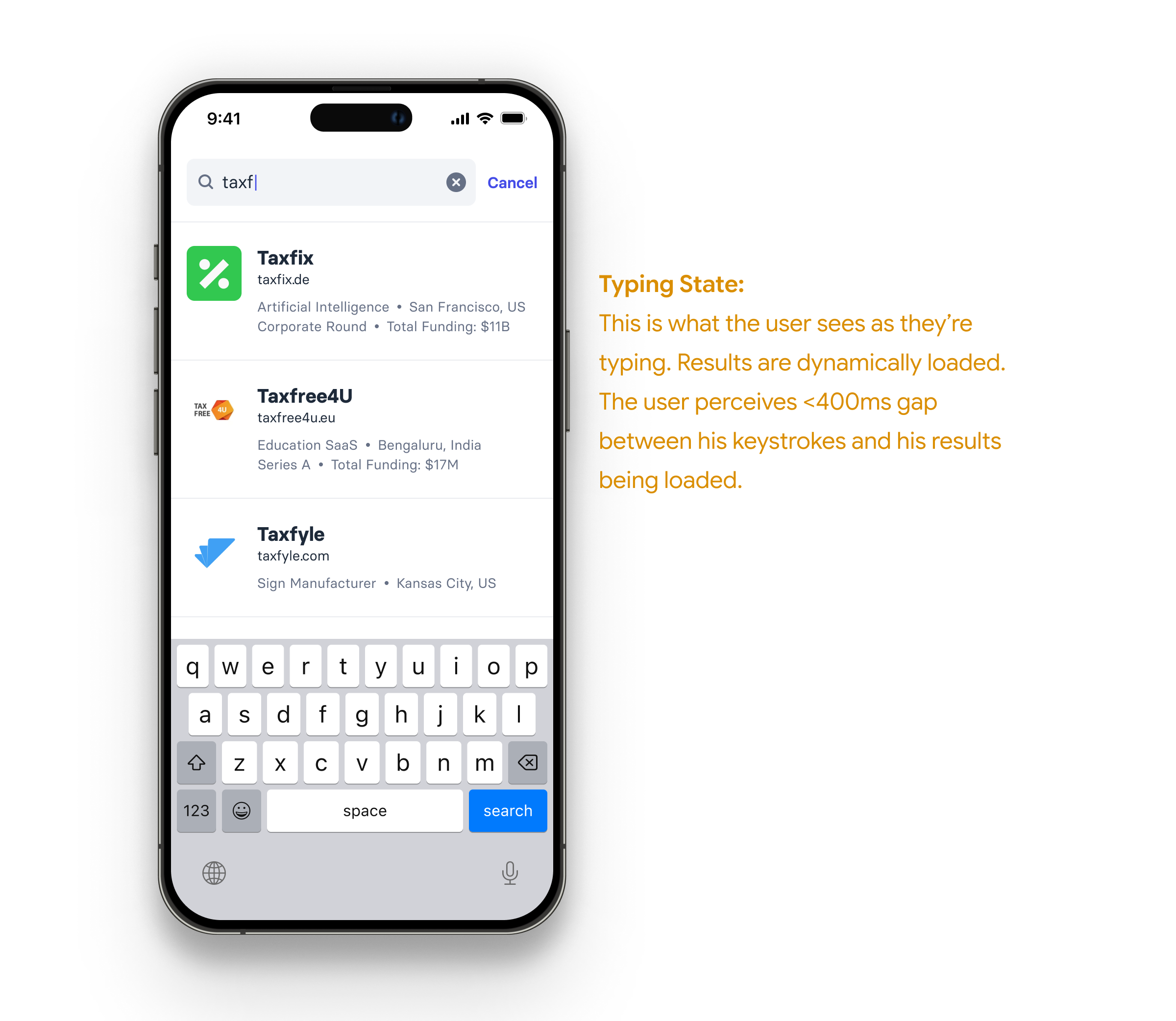 Search typing state with results loading dynamically as the user types
