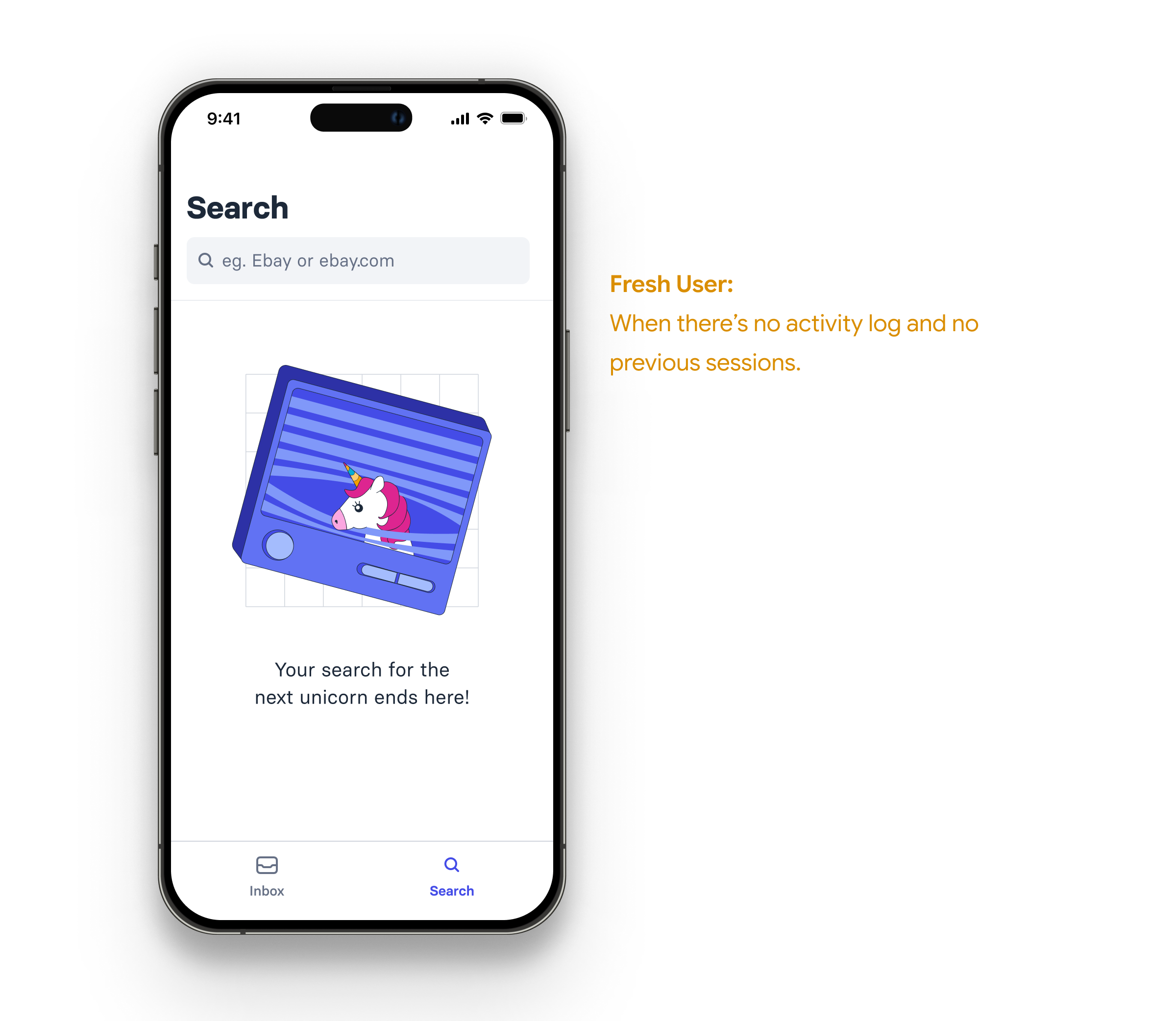 Search fresh user state with no activity log or previous sessions