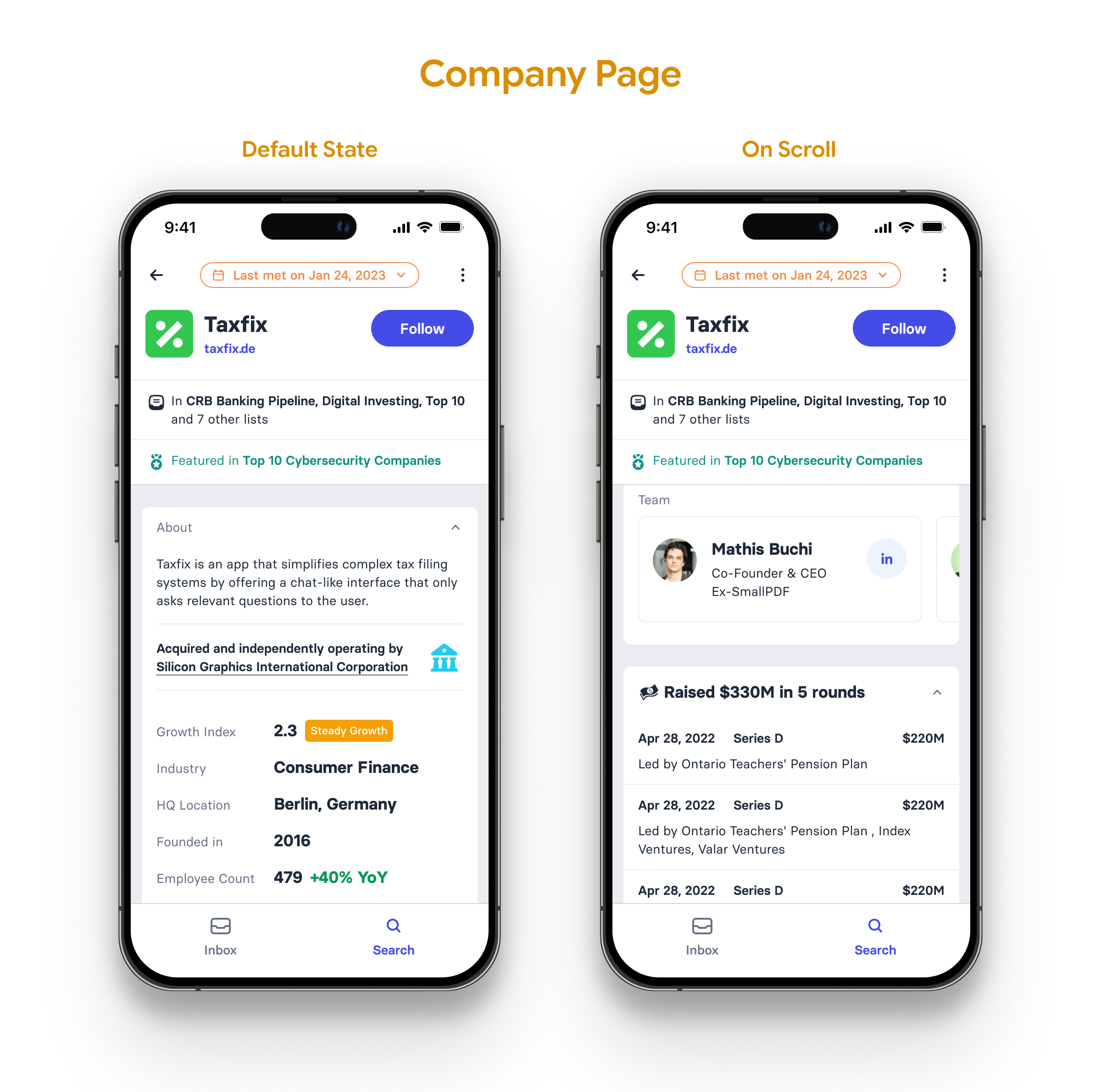 Company page default state and on-scroll state