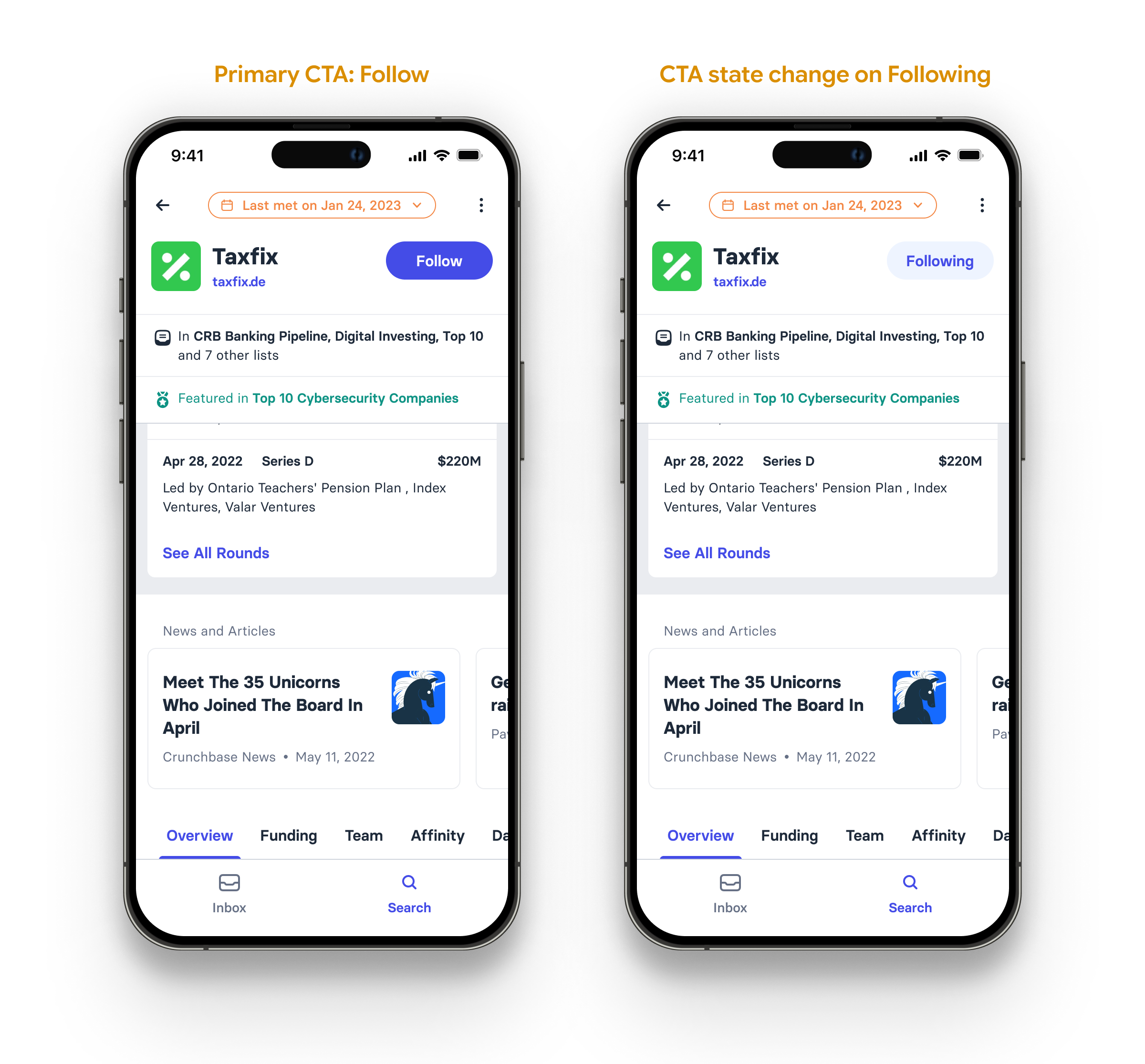 Primary CTA: Follow, and its state change on following