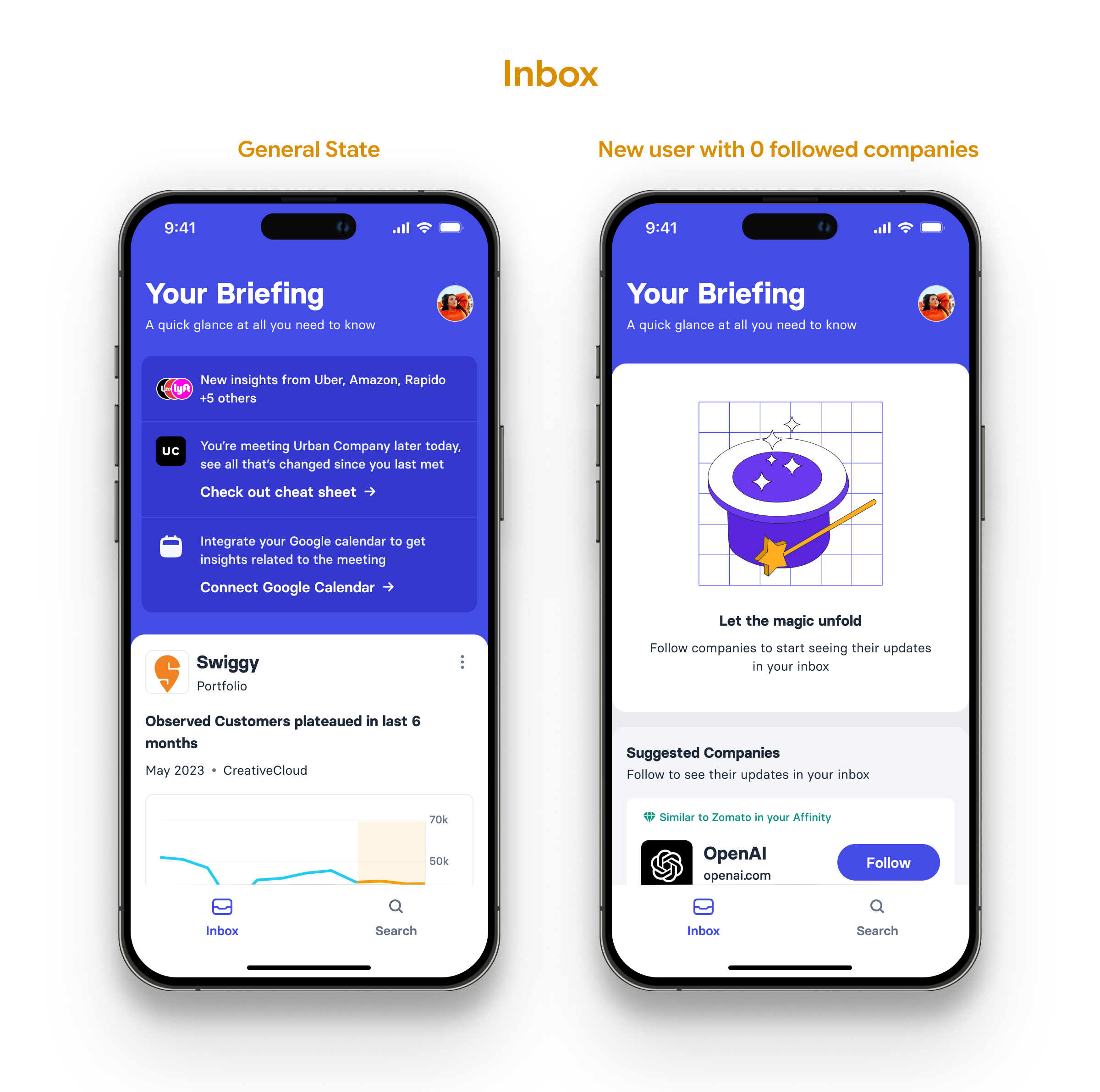 Inbox general state and the empty state for a user following no companies