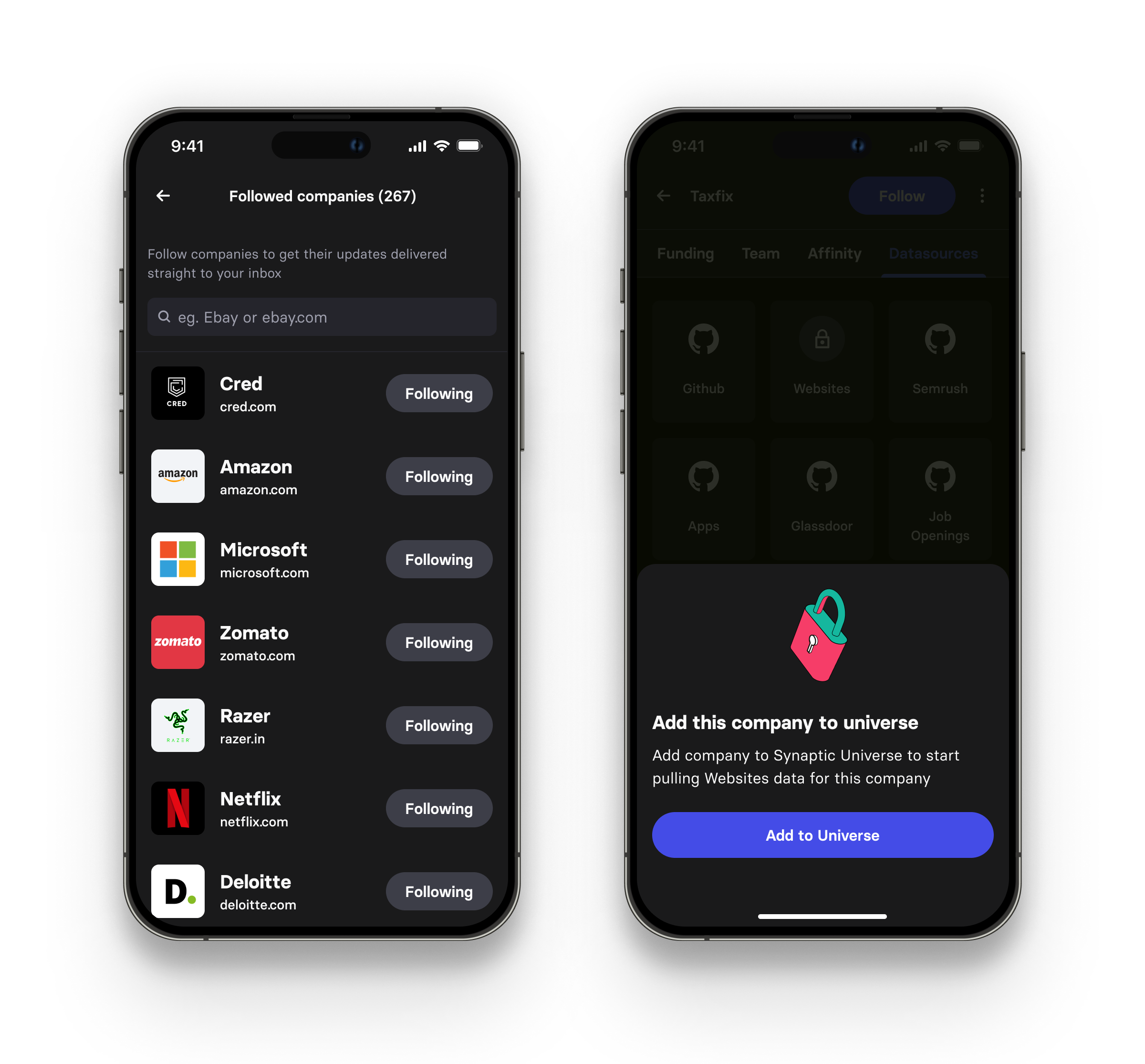Dark mode: followed companies list and an actions bottom sheet