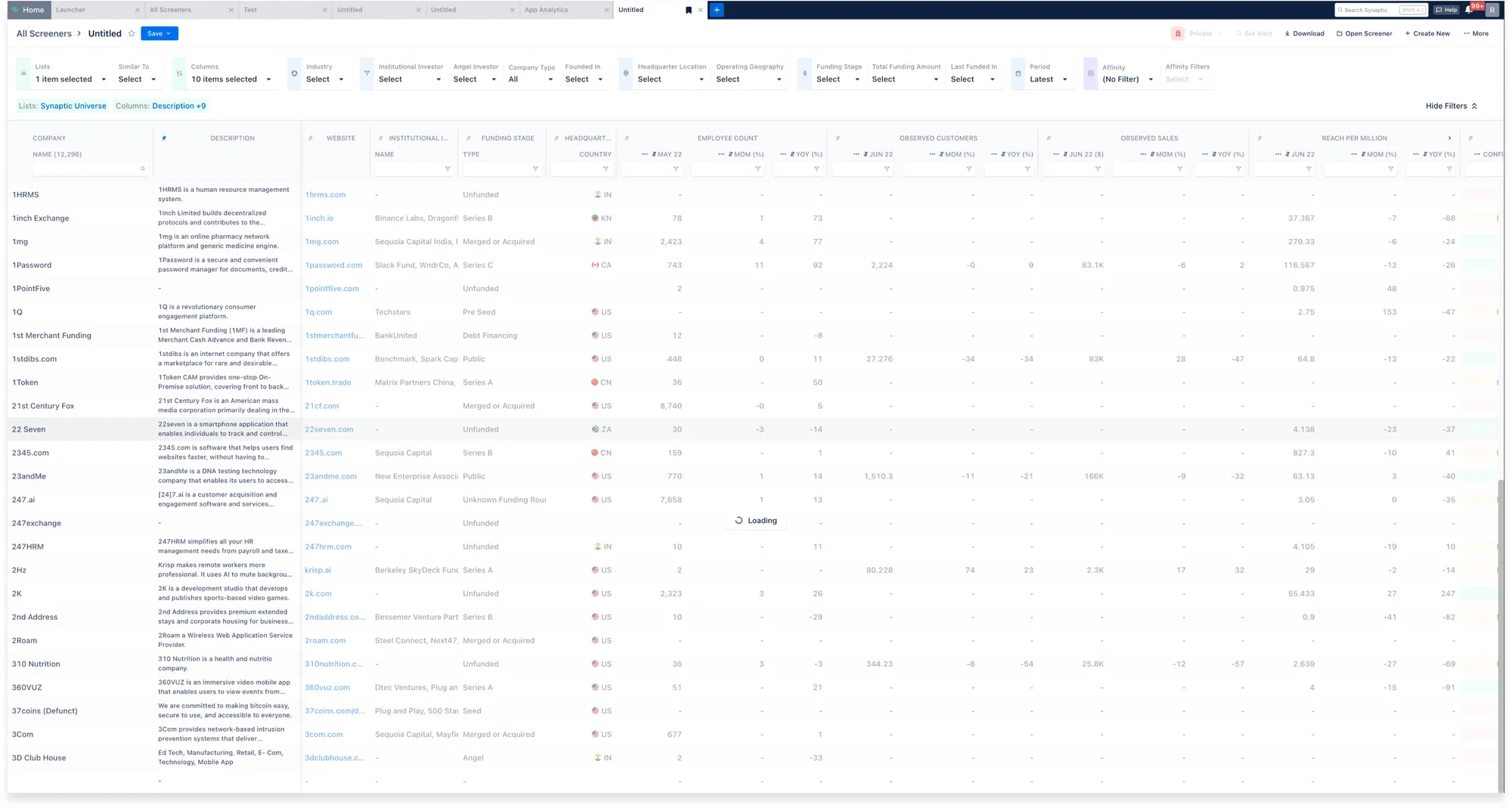 A screenshot of the existing screener table showing a blocked screen with a loading state