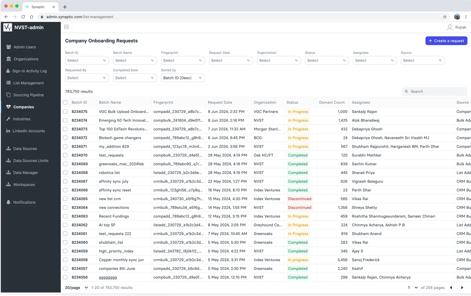 Company Onboarding Requests table listing batches