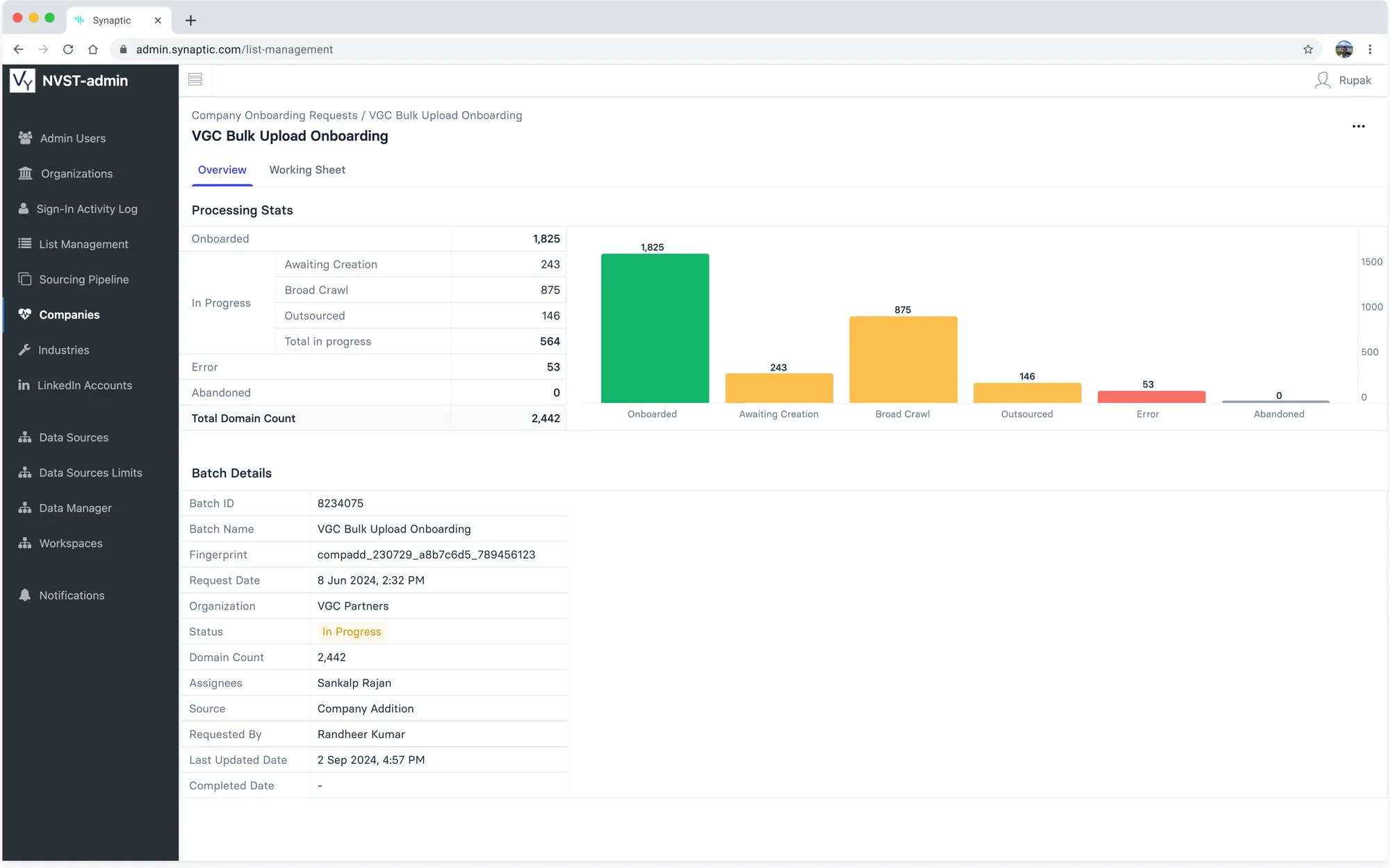 Batch overview with processing stats and batch details
