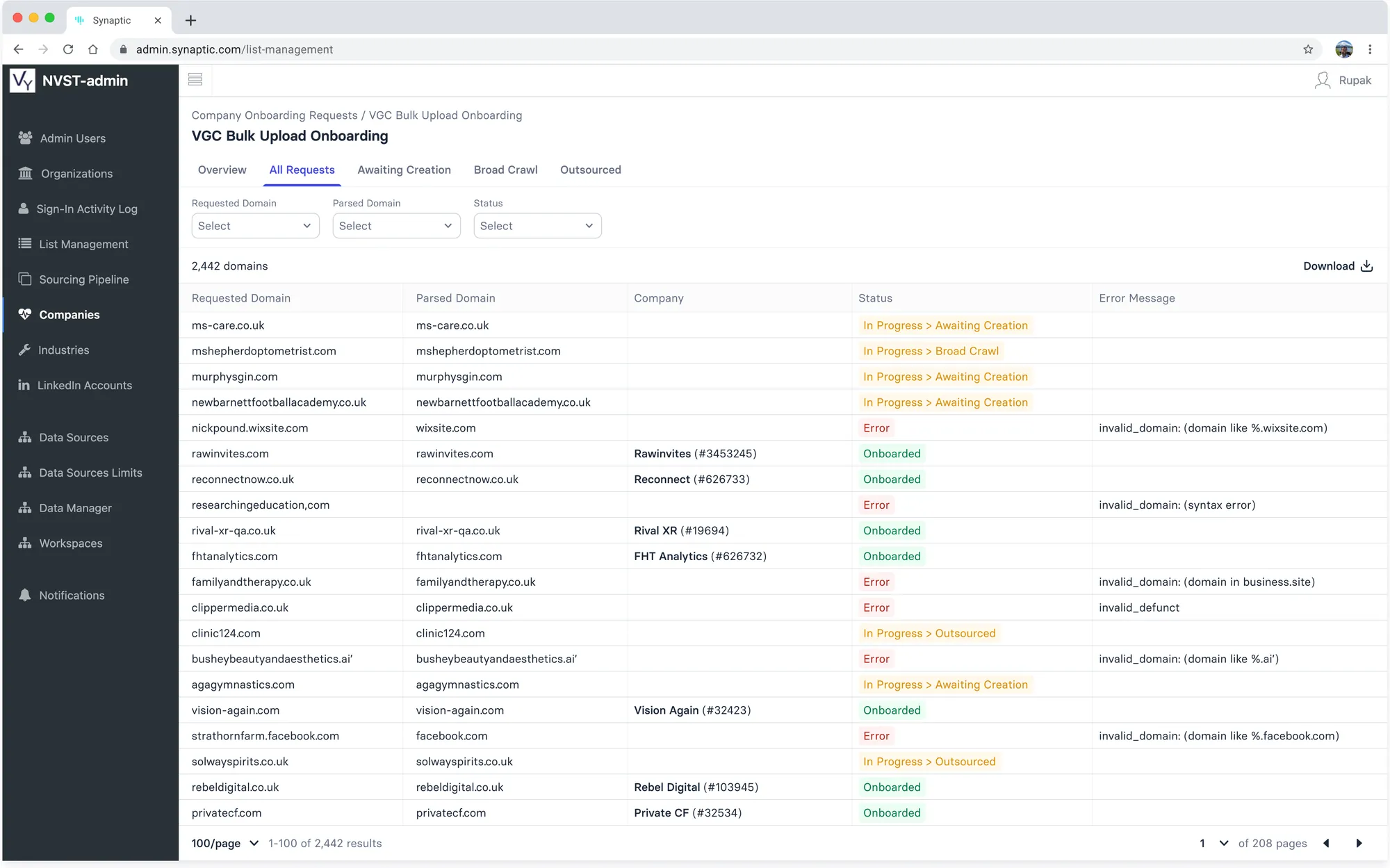 All Requests tab with per-domain status