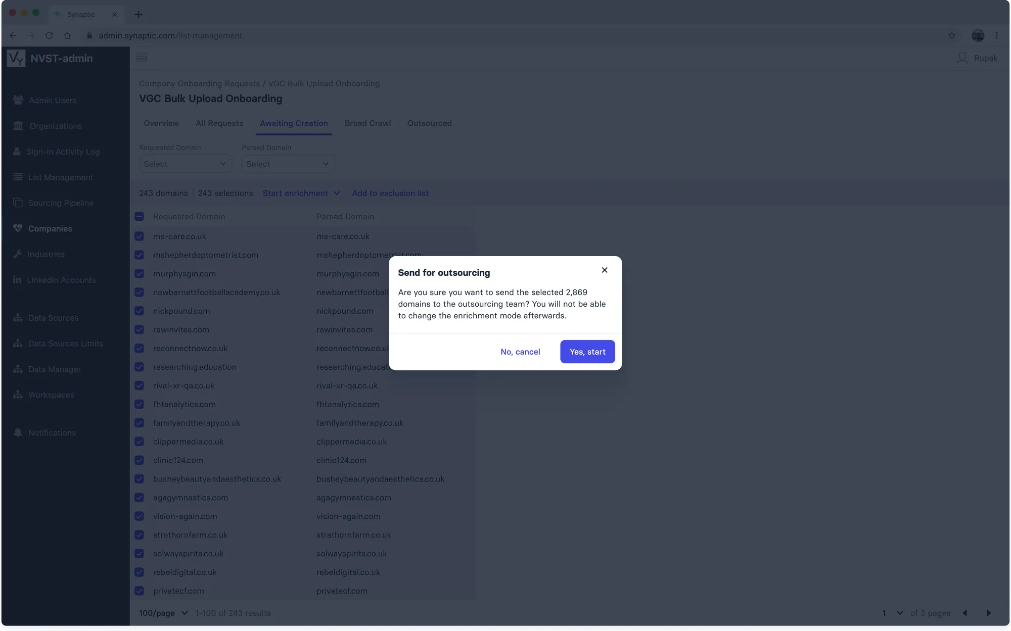 Confirmation before sending for outsourcing
