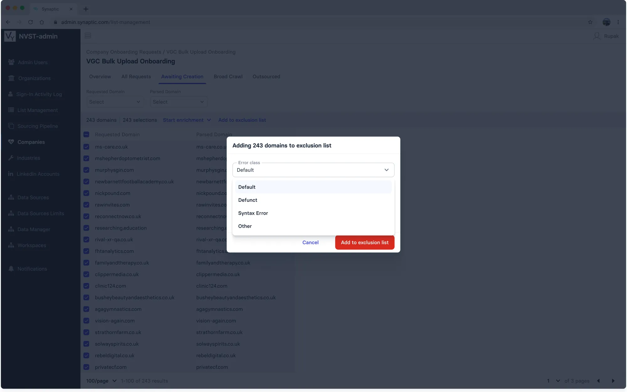 Adding domains to the exclusion list