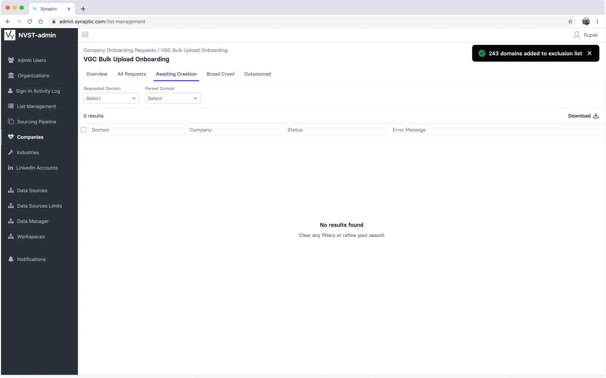 Domains added to the exclusion list