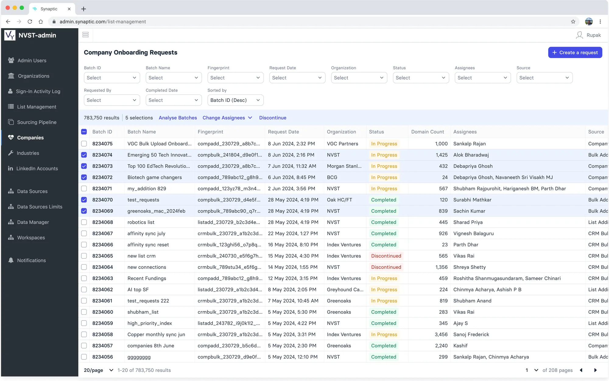 Selecting multiple batches