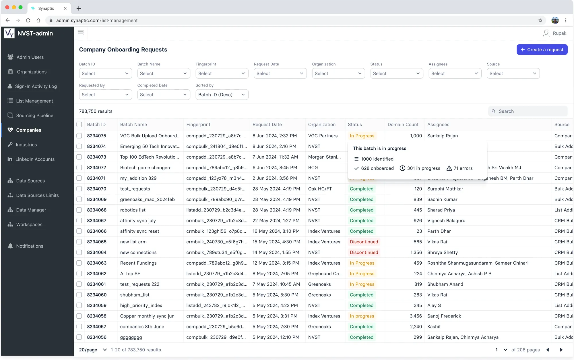 Hover count on a batch status