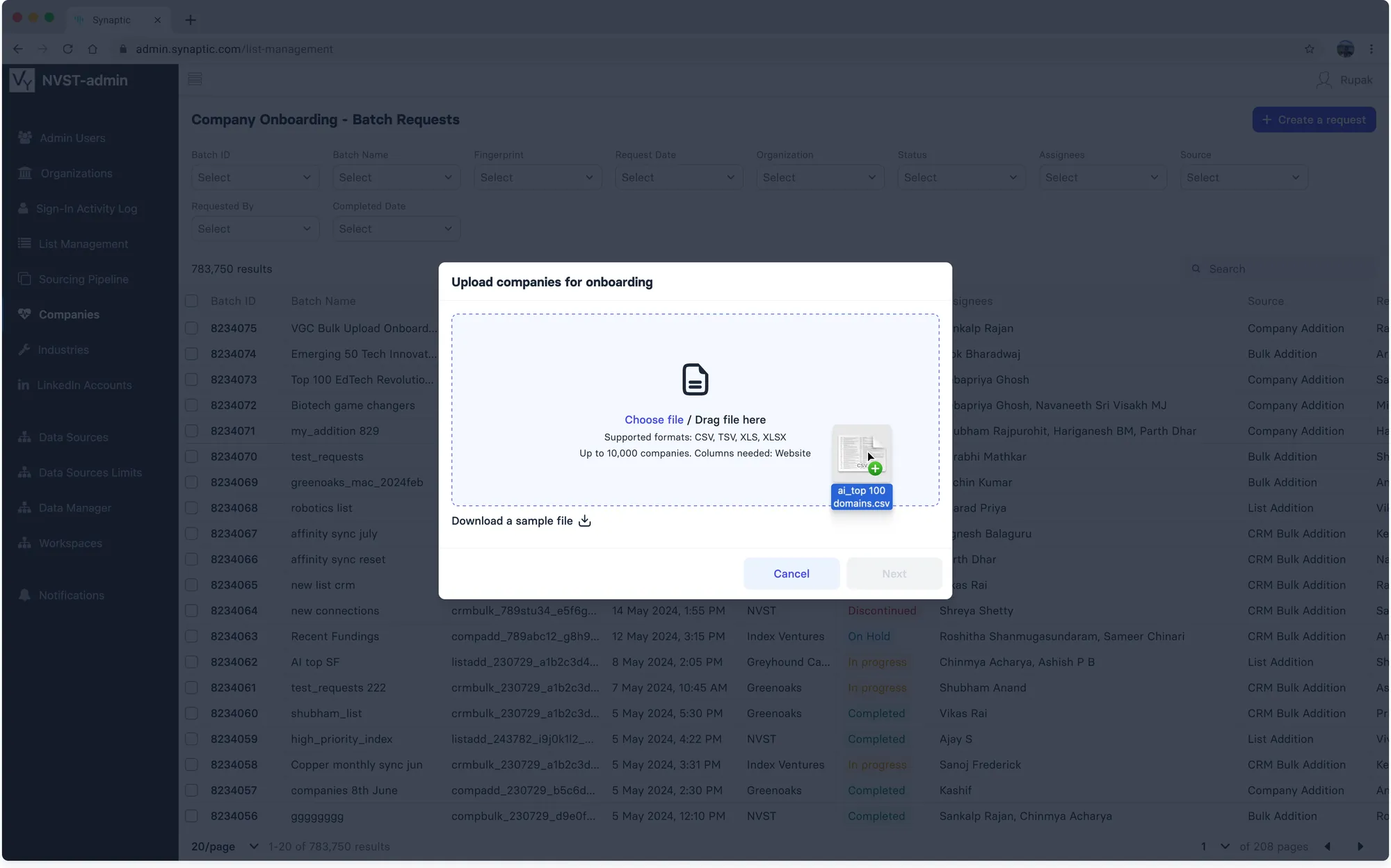Upload companies for onboarding