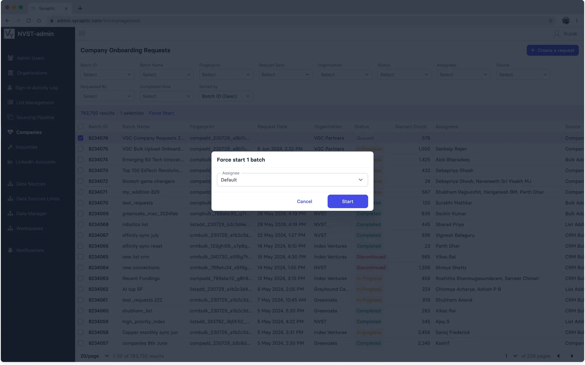 Force start modal with assignee