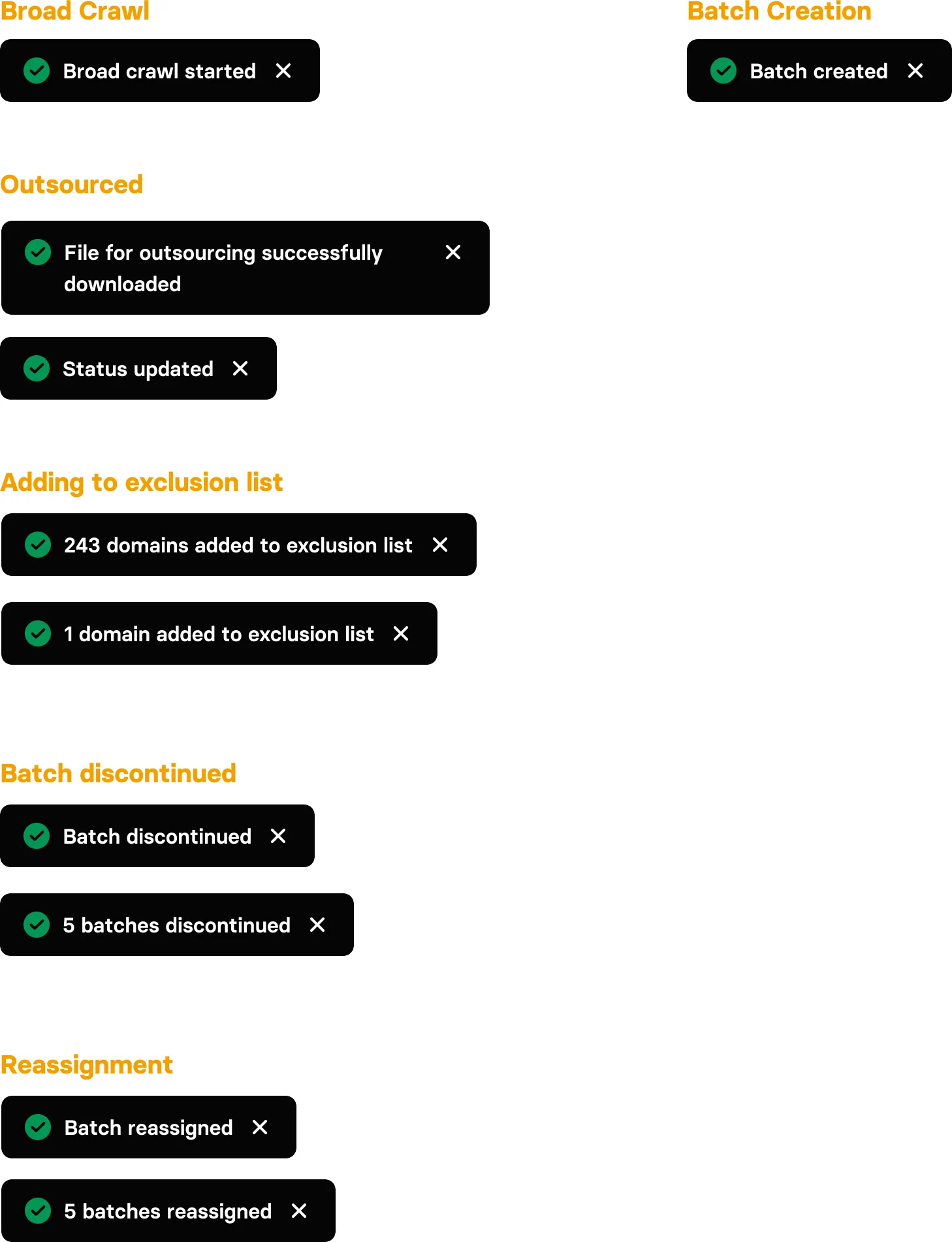 Toast messages for each action