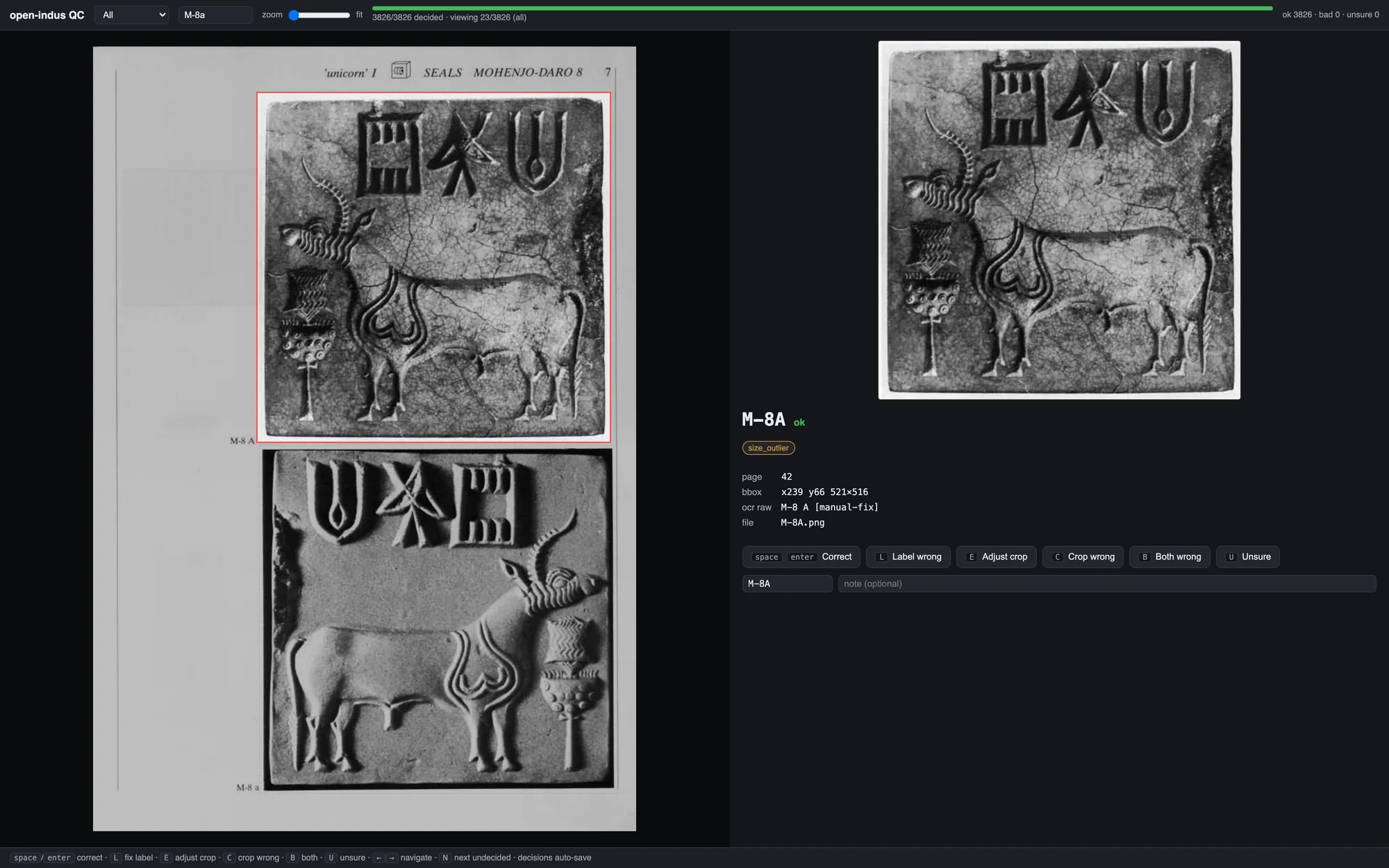QC review tool showing the page scan beside the crop for M-8A